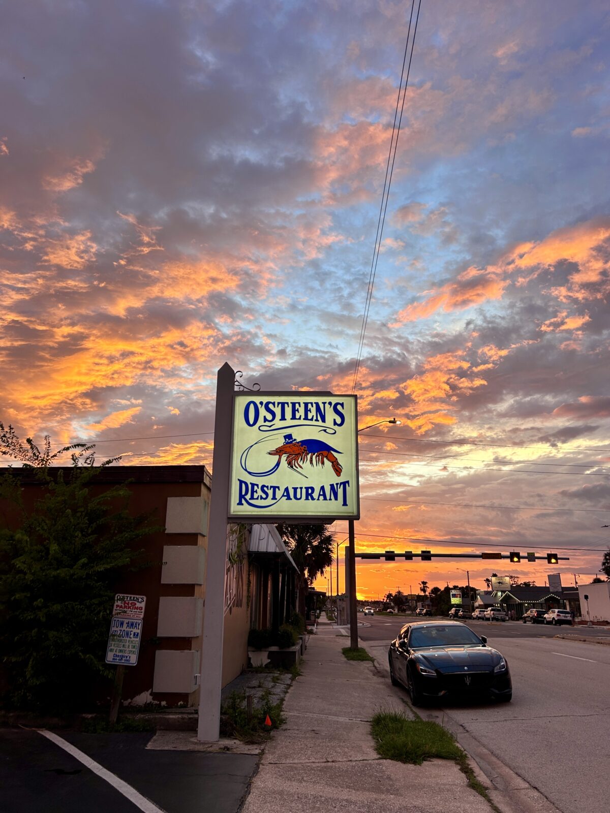 O’Steen’s sign bathed in a spectacular St. Augustine sunset. 