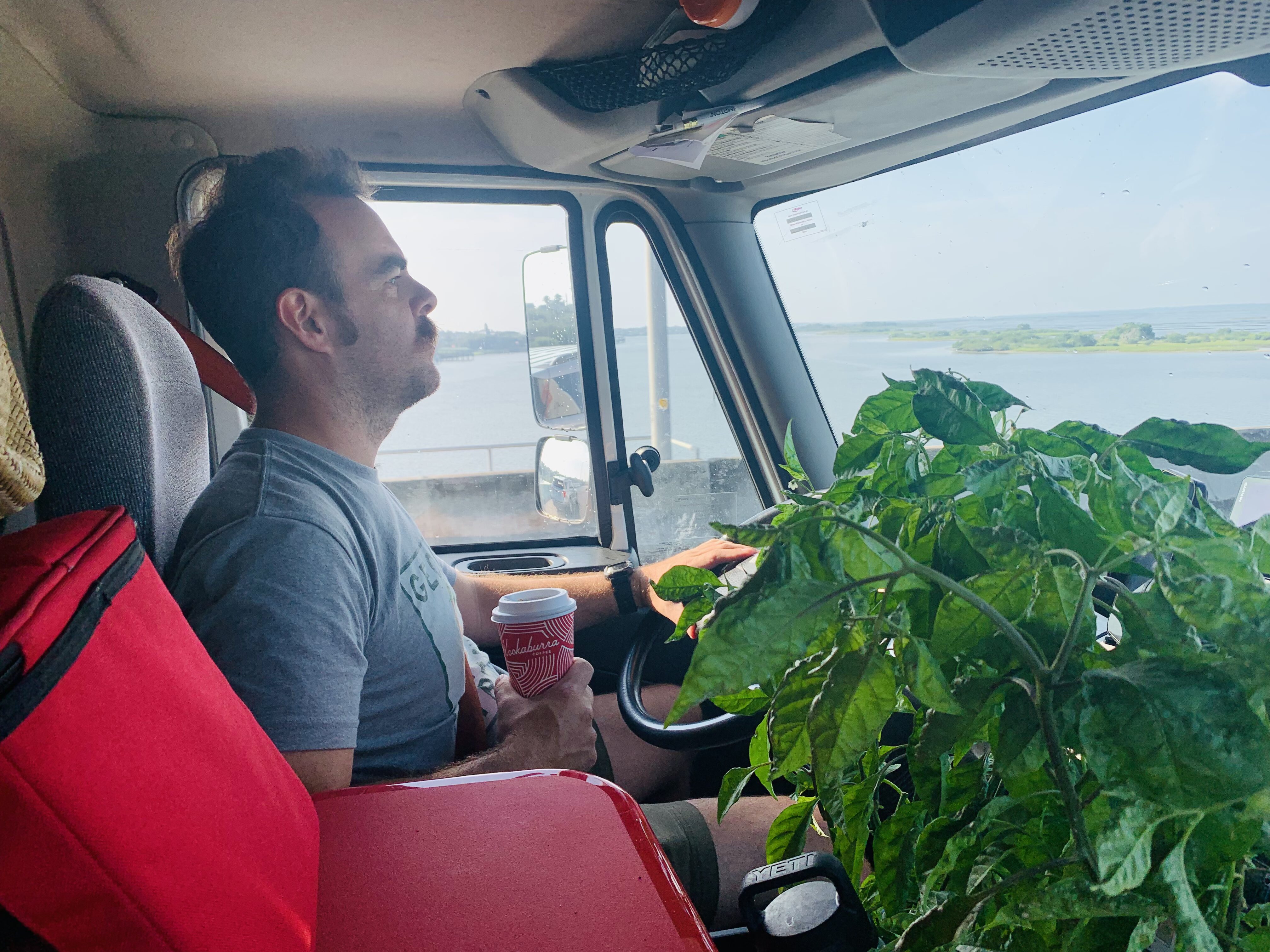 Jack driving the truck with Steven and a fresh datil pepper plant. 